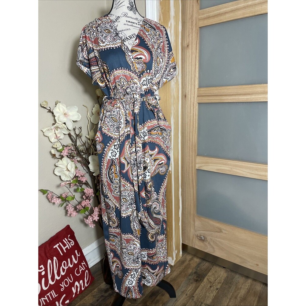 Noflik Paisley Boho Wide Leg Jumpsuit Short Sleeve V Neck Tie Waist Size Large